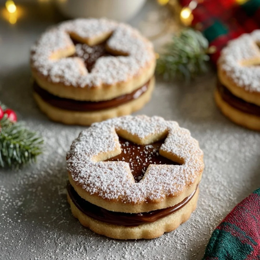 Nutella Linzer Cookies with hazelnut filling and powdered sugar topping