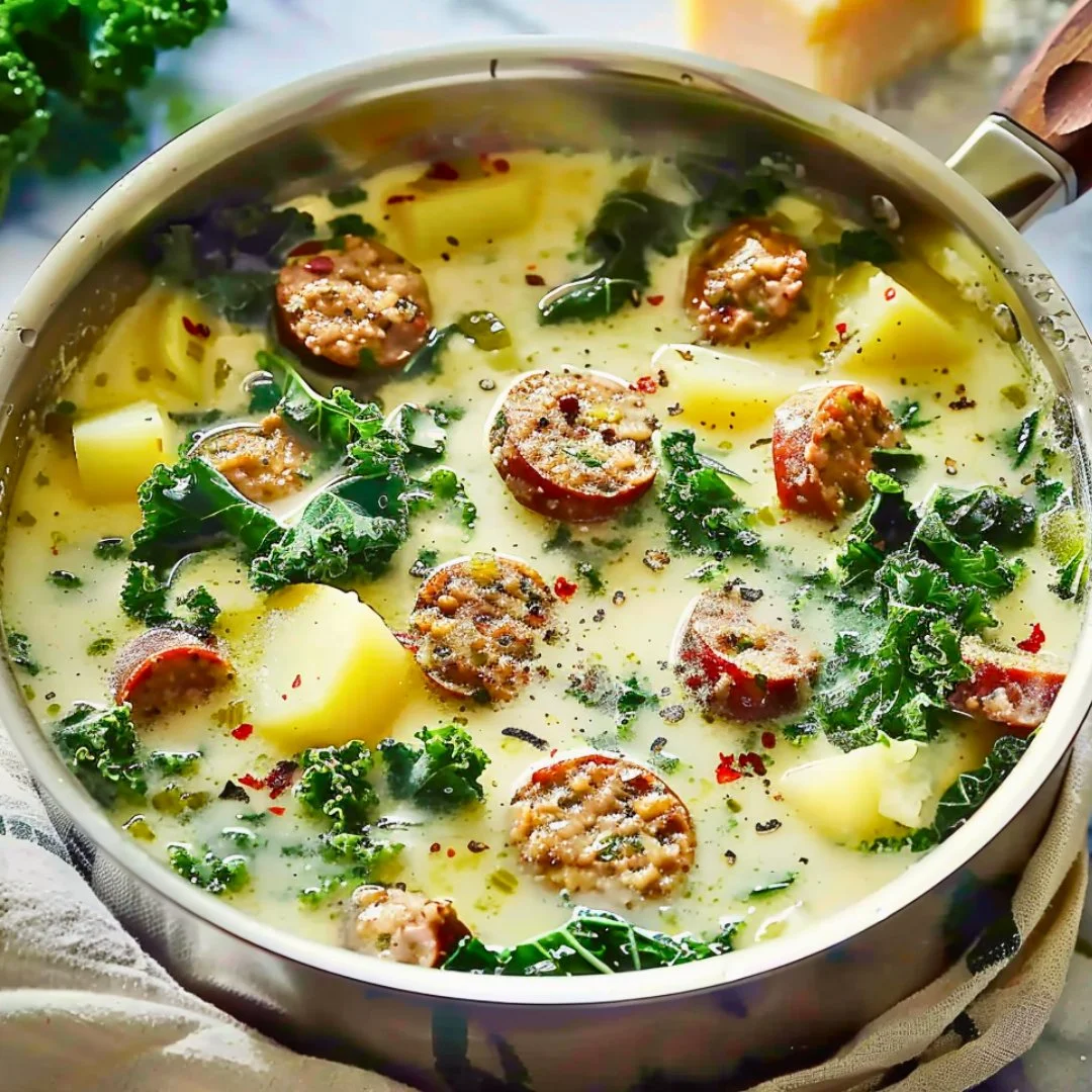 Bowl of Olive Garden sausage kale and potato soup garnished with herbs.