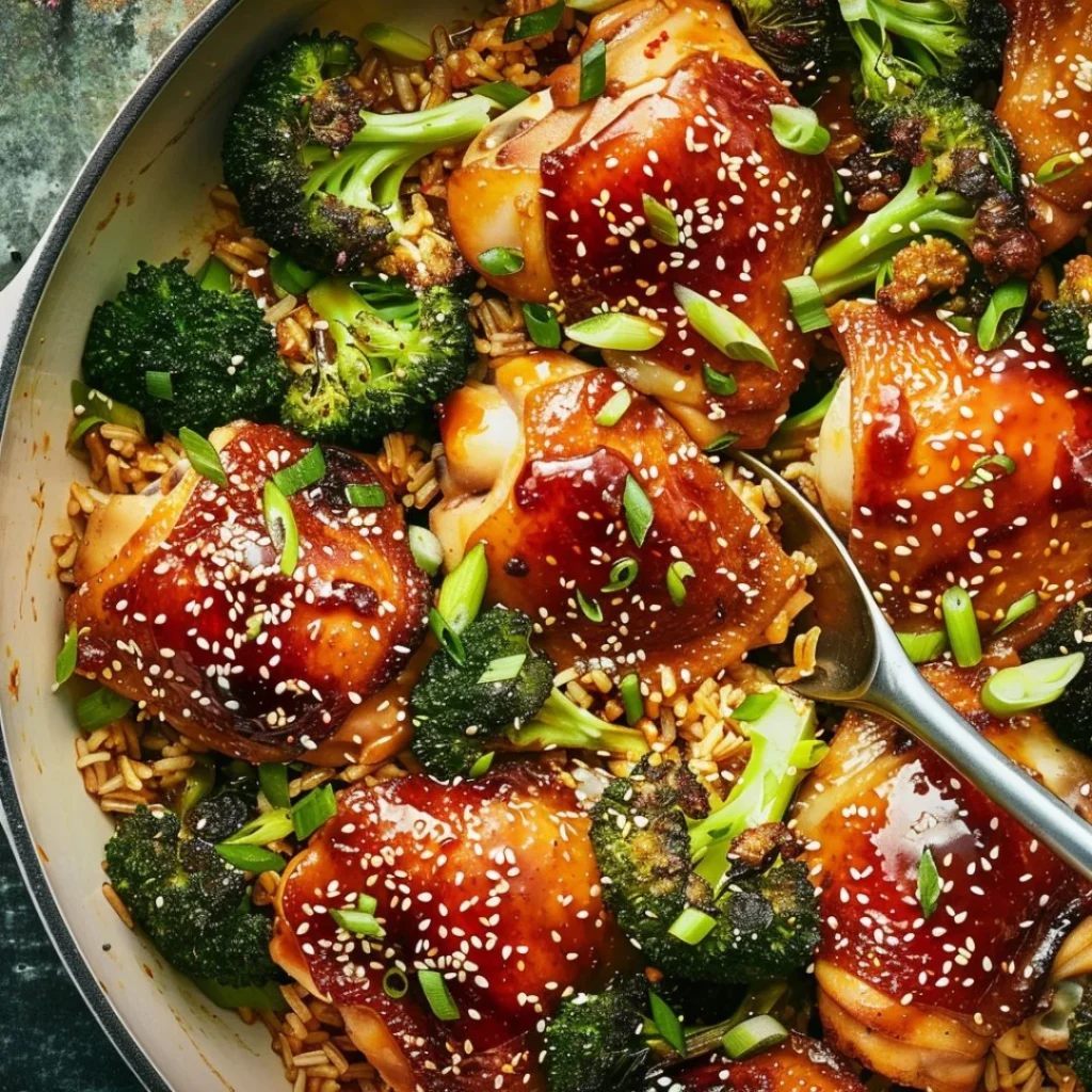 Delicious orange chicken and broccoli skillet dish served in a frying pan