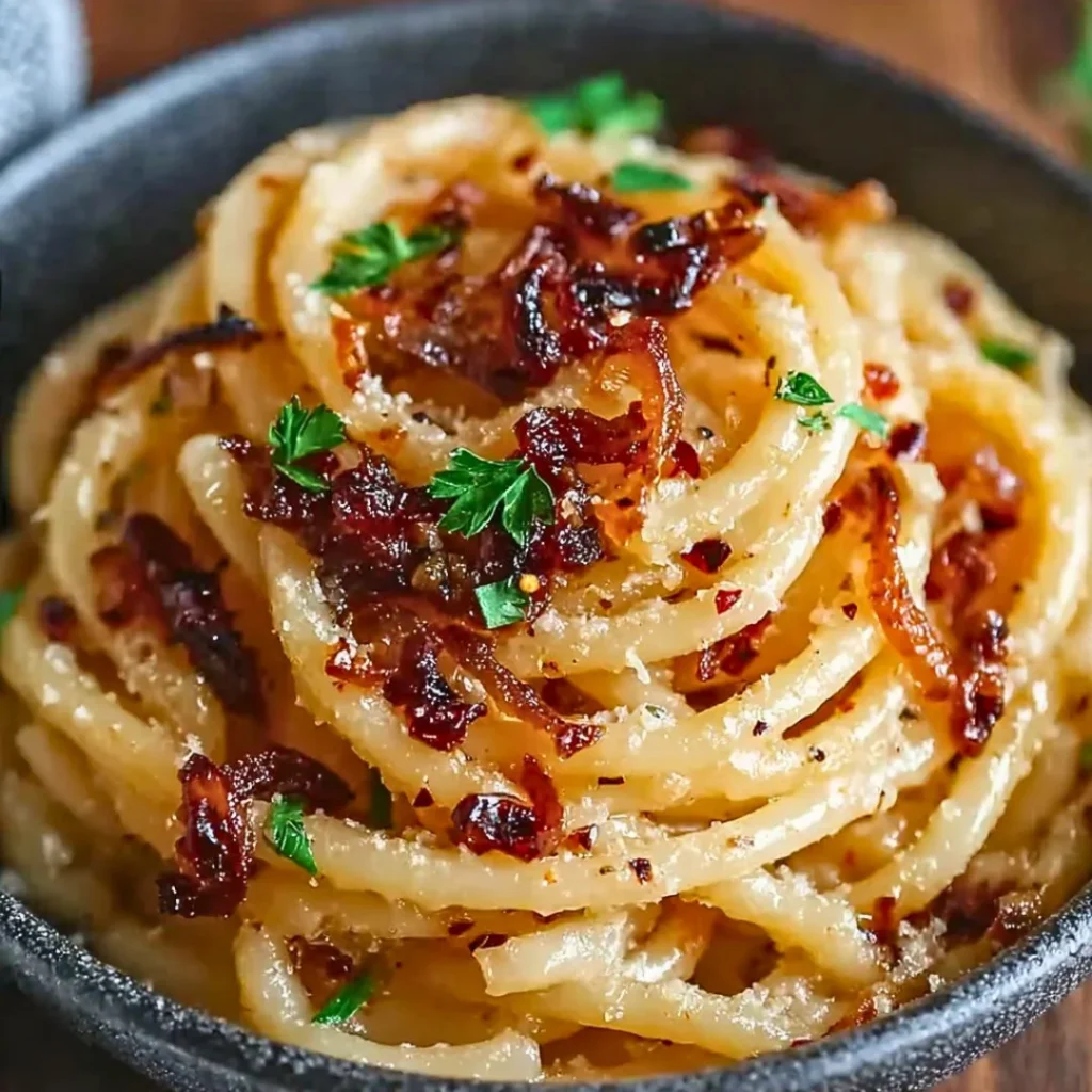 Delicious pasta dish topped with caramelized onions