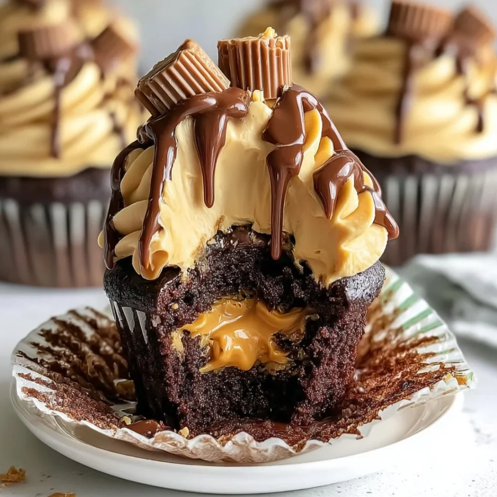 Delicious peanut butter chocolate cupcakes topped with creamy frosting.