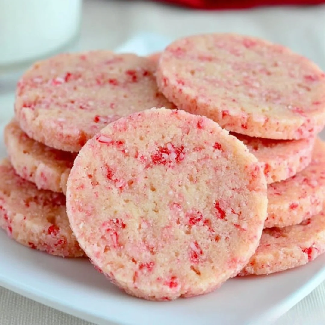 Festive peppermint shortbread cookies on a decorative plate.