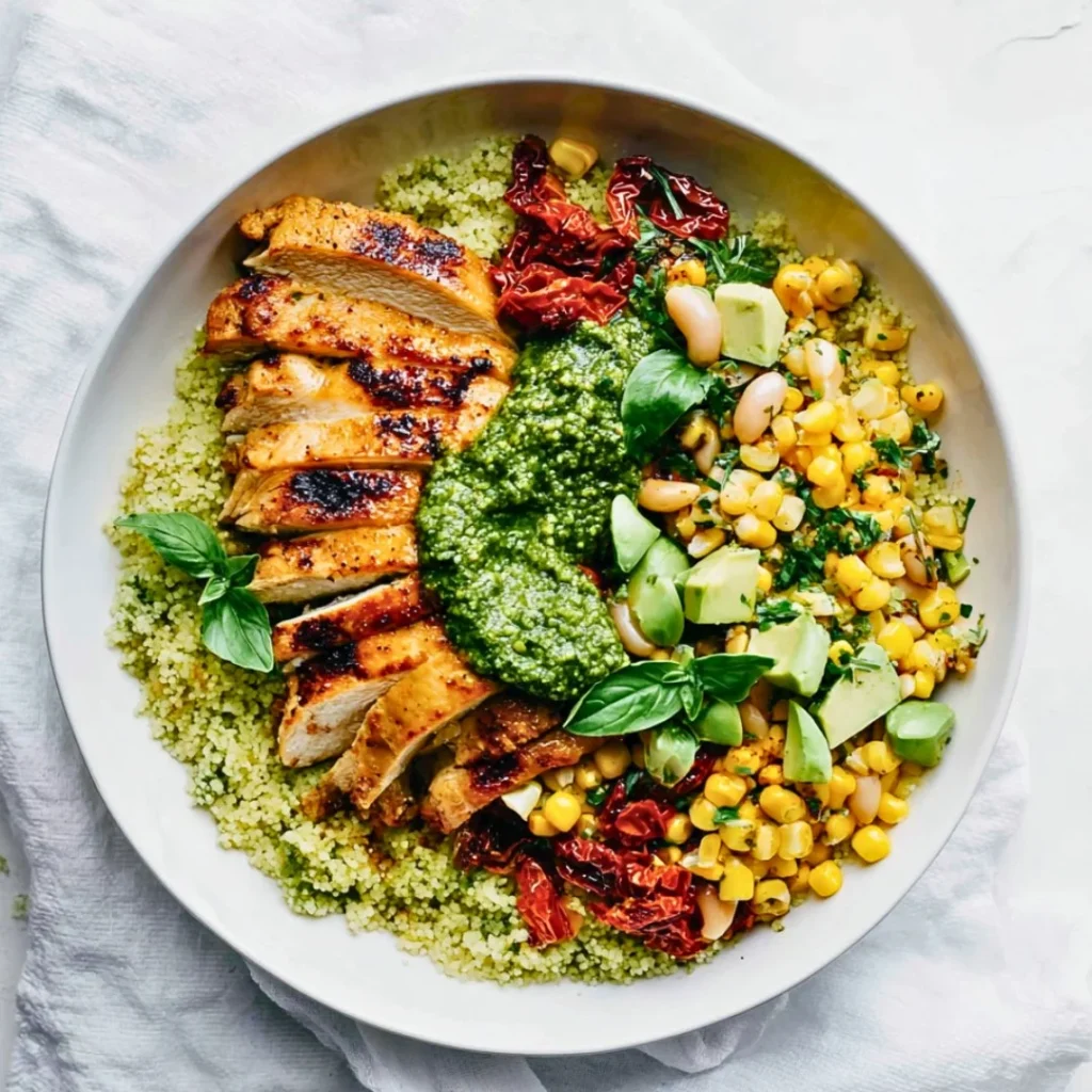 Delicious Pesto Chicken served with fresh vegetables and a garnish.