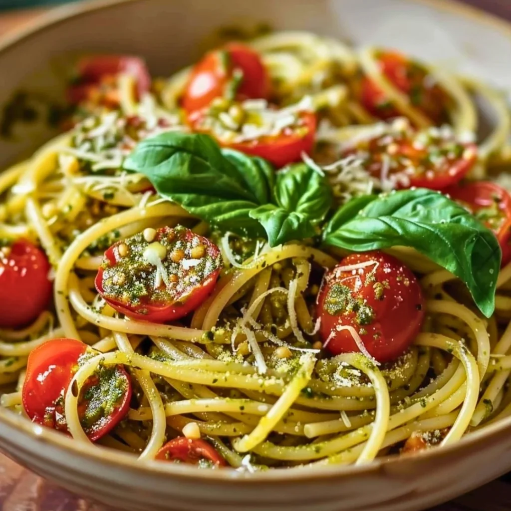 Bowl of pesto pasta with roasted tomatoes garnished with basil