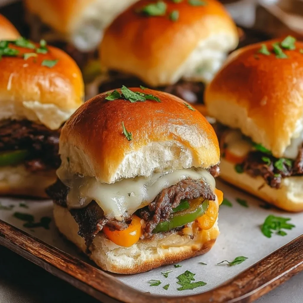 Philly Cheesesteak Sliders topped with melted cheese and served on a platter.