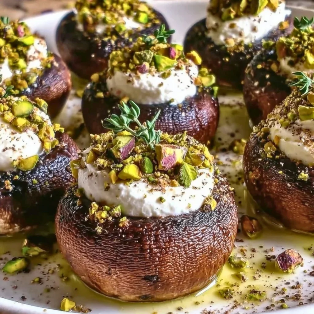 Pistachio cream and goat cheese stuffed mushrooms on a platter