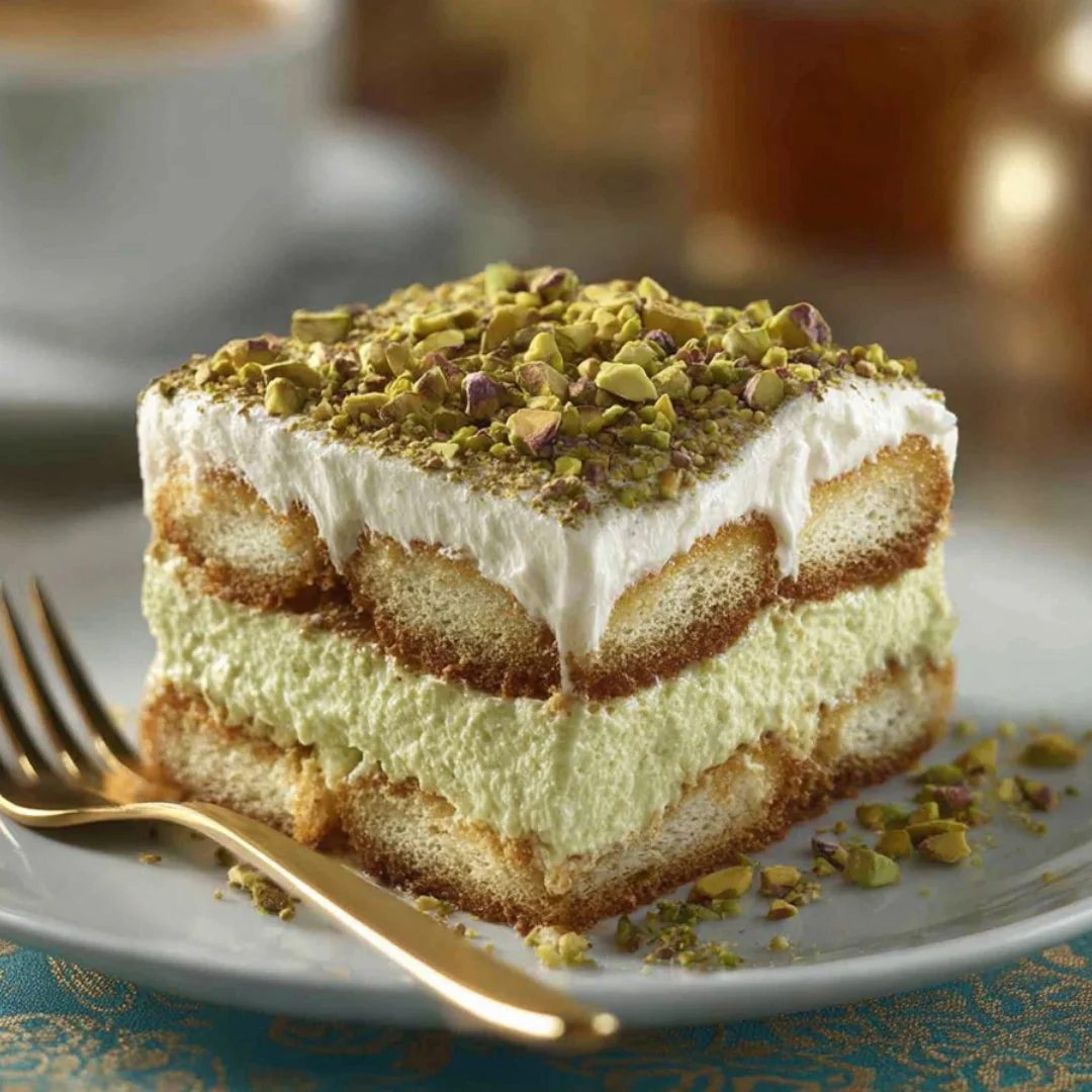 Delicious Pistachio Cream Tiramisu served in a glass with a sprinkle of crushed pistachios