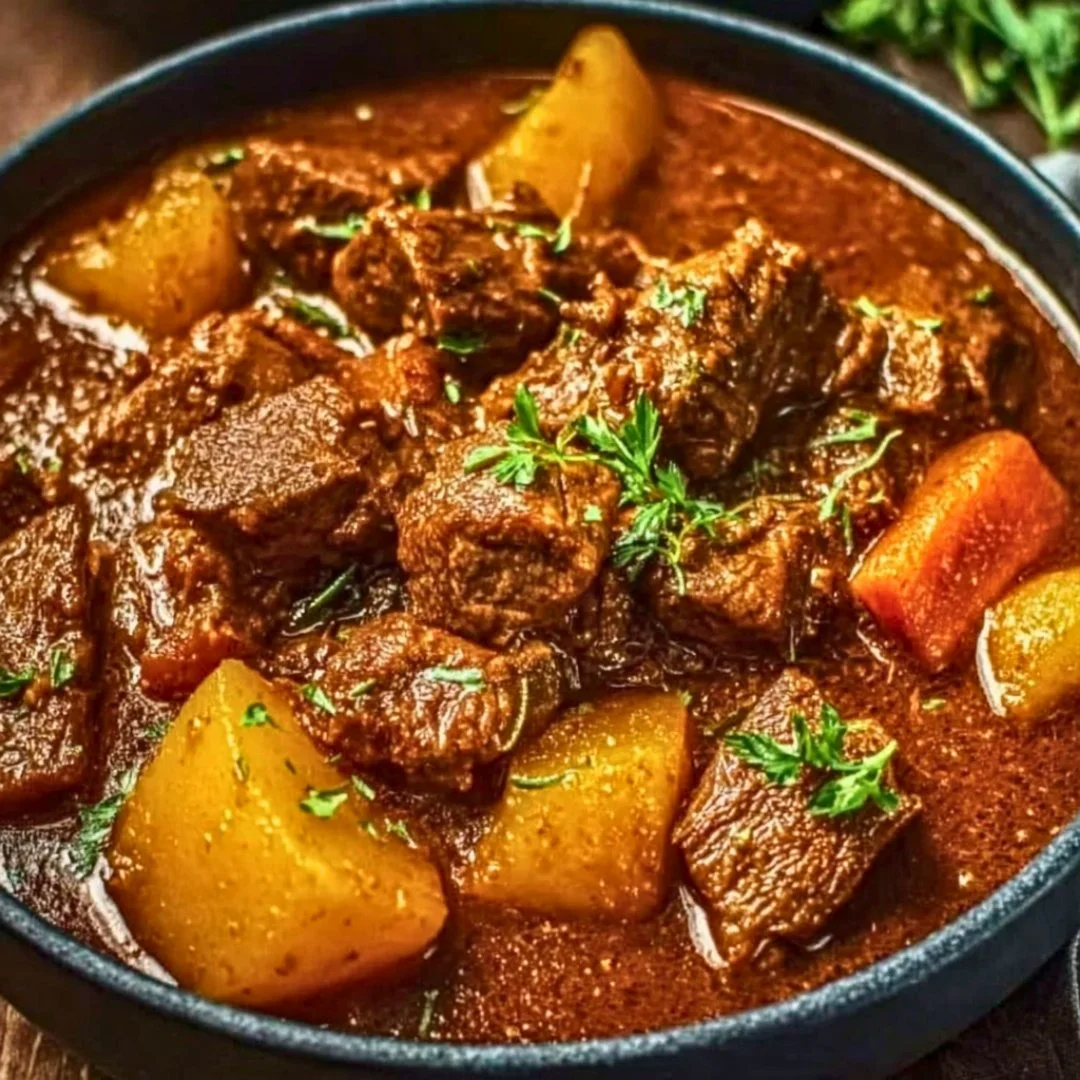 A bowl of Puerto Rican beef stew garnished with fresh herbs and spices.