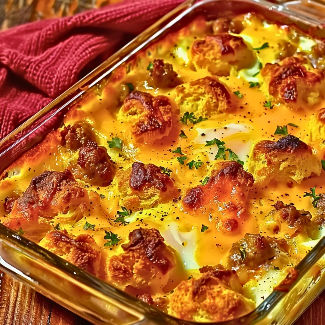 Quick biscuit and sausage egg bake for a simple and hearty breakfast.