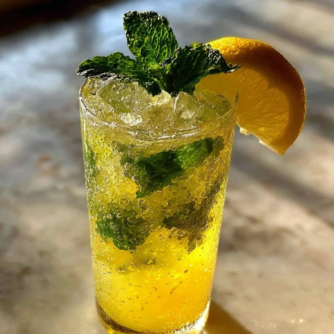 Colorful caffeine-free iced drinks served in tall glasses with ice and fruit garnishes.