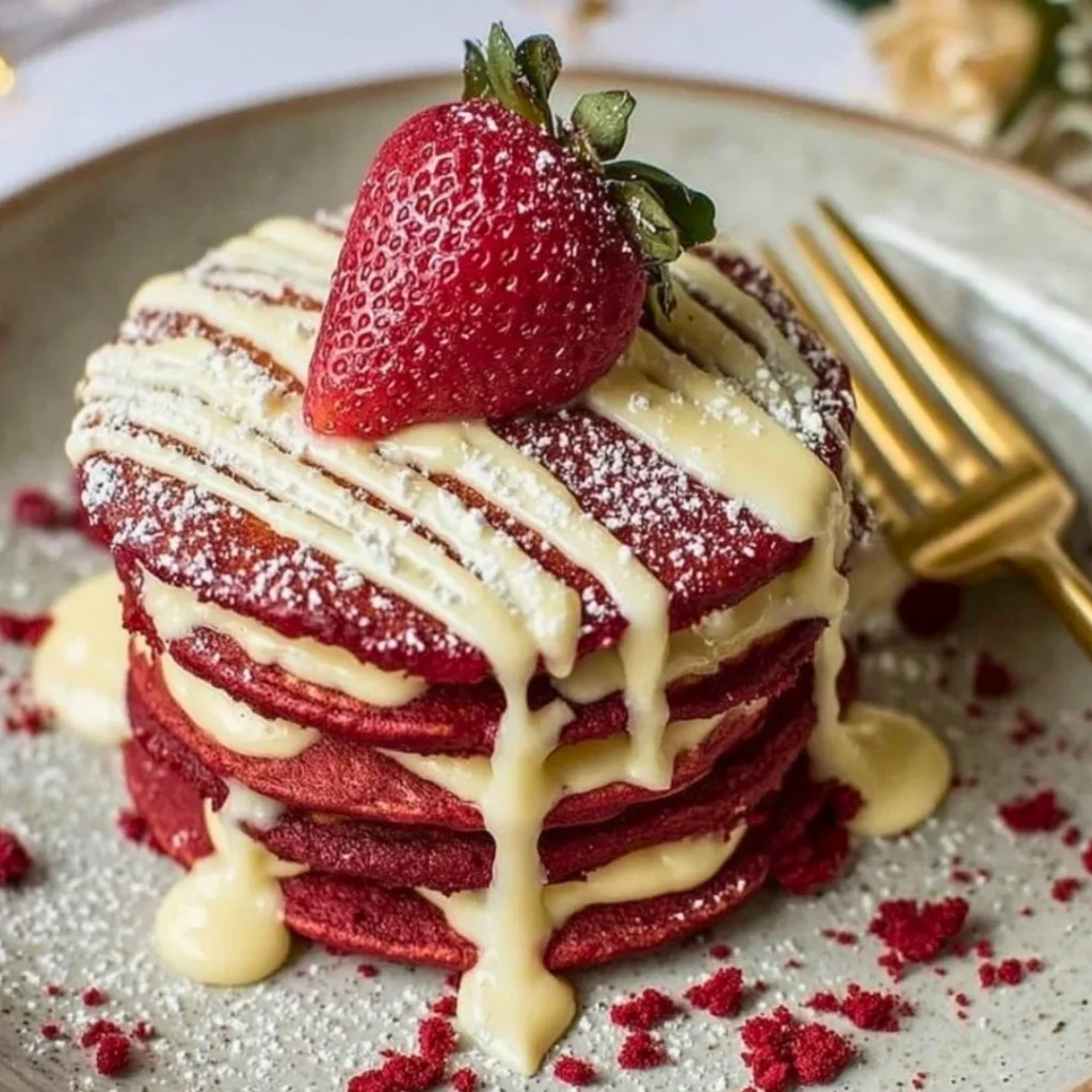 Delicious Red Velvet Pancakes stacked with cream cheese frosting on top