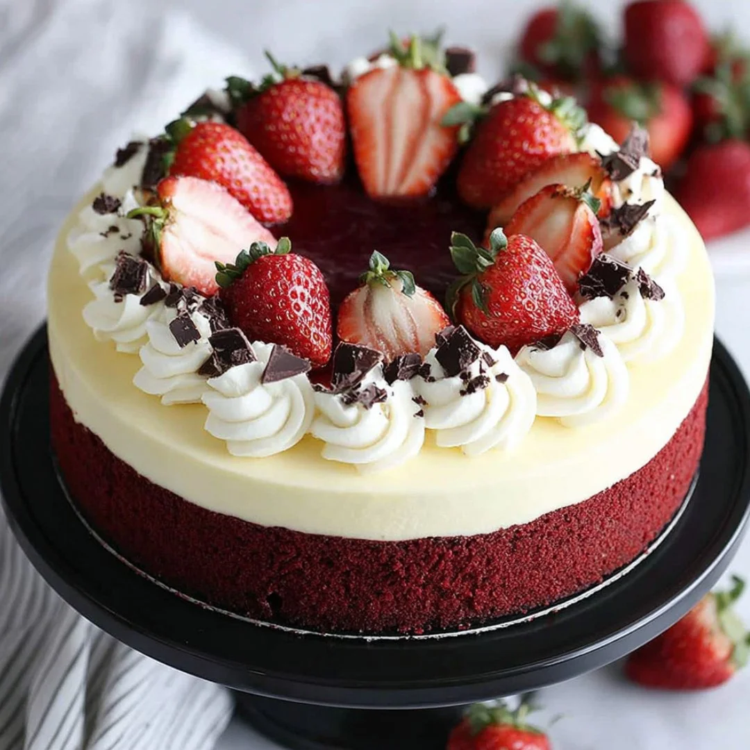 Red velvet strawberry cheesecake dessert with fresh strawberries on top