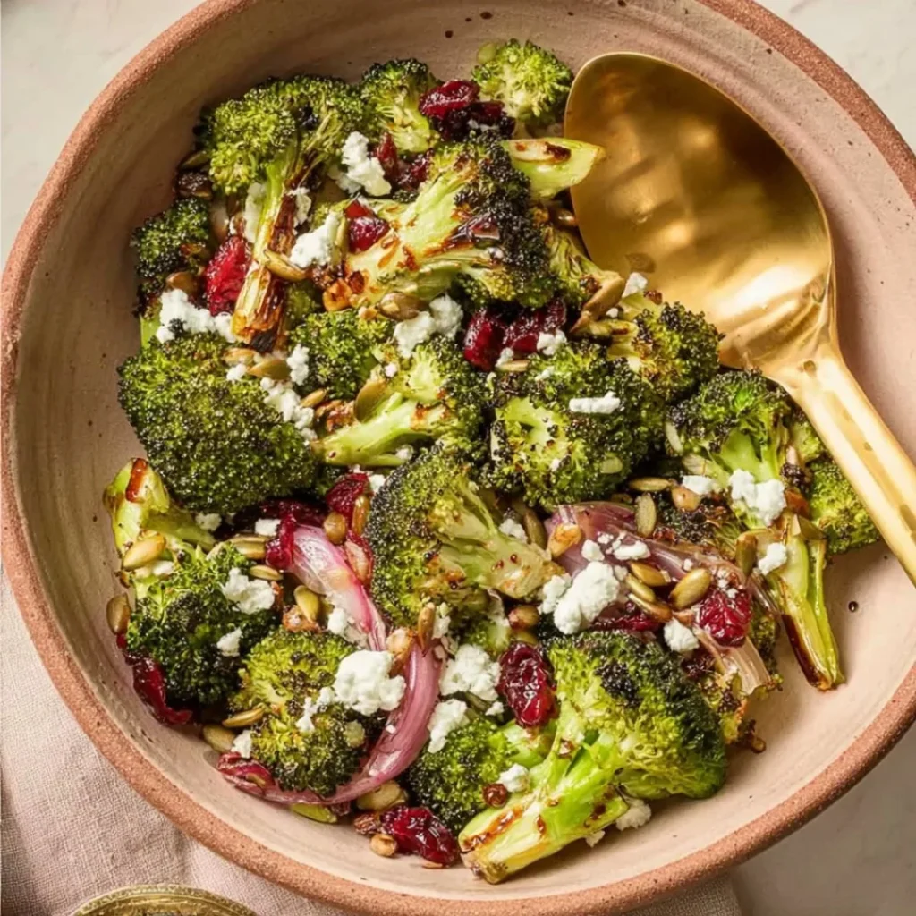 Delicious roasted broccoli salad with fresh vegetables and vinaigrette dressing