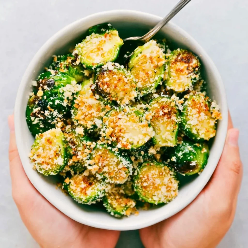 Crispy roasted Brussels sprouts served in a bowl.