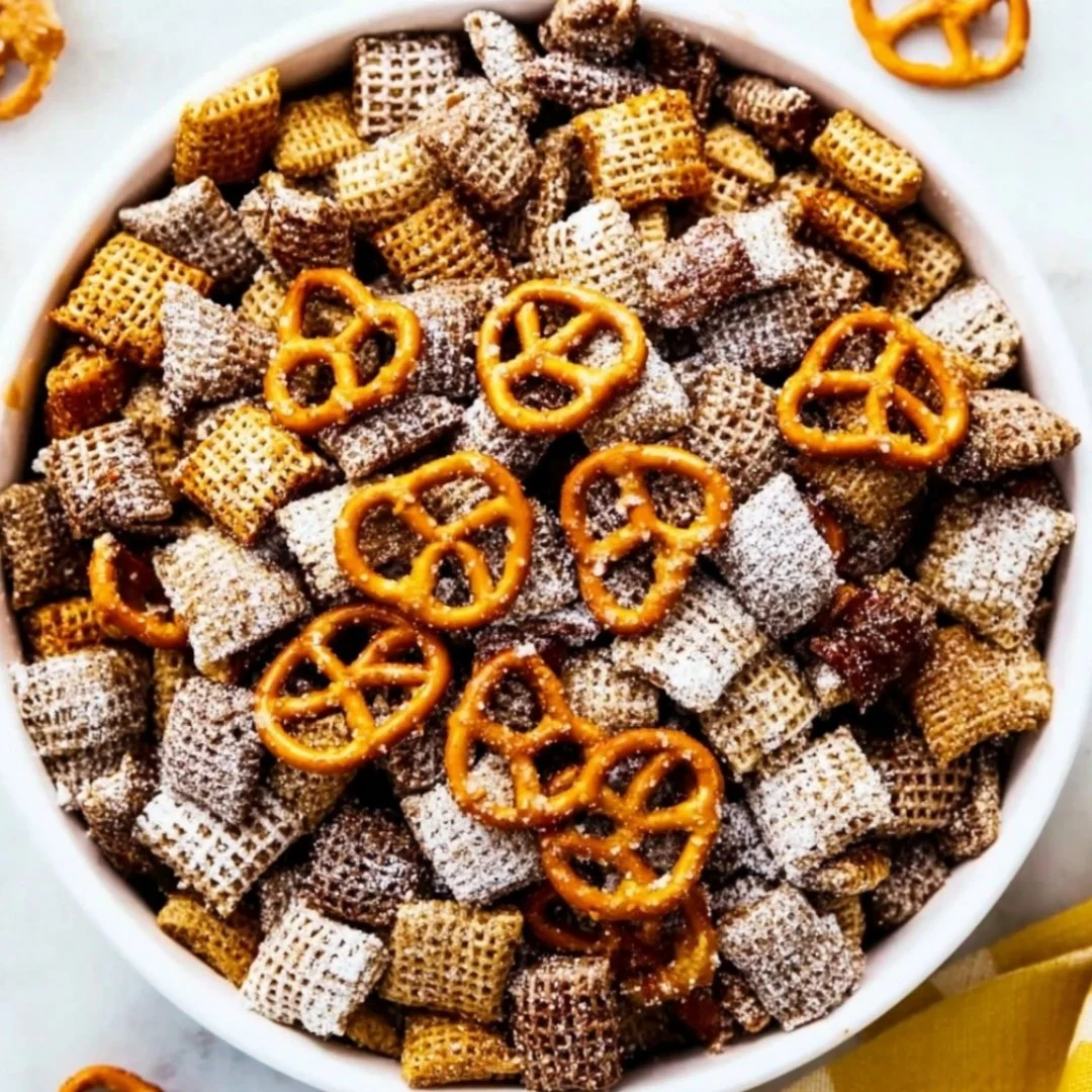 Salted Caramel Pretzel Puppy Chow dessert bowl with toppings.