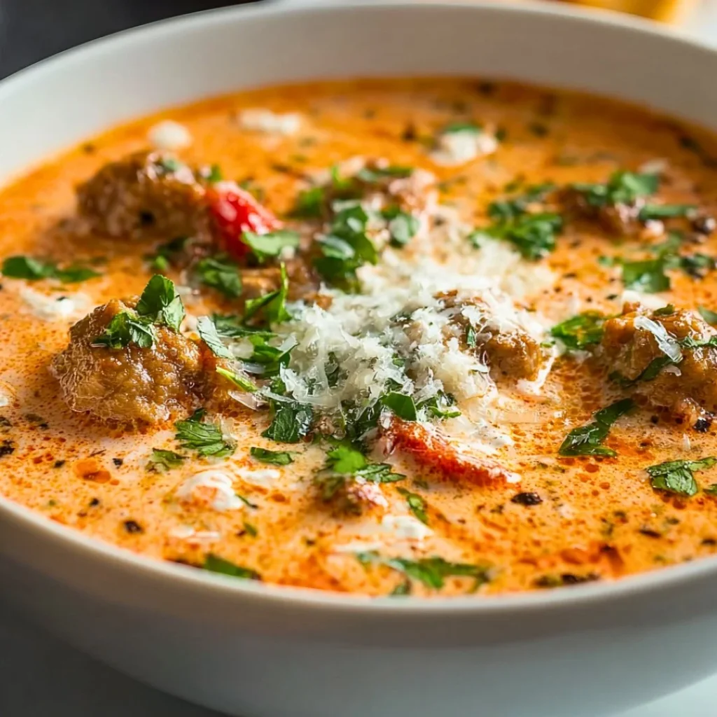 Bowl of hearty Sausage Tomato Cream Cheese Soup with fresh herbs