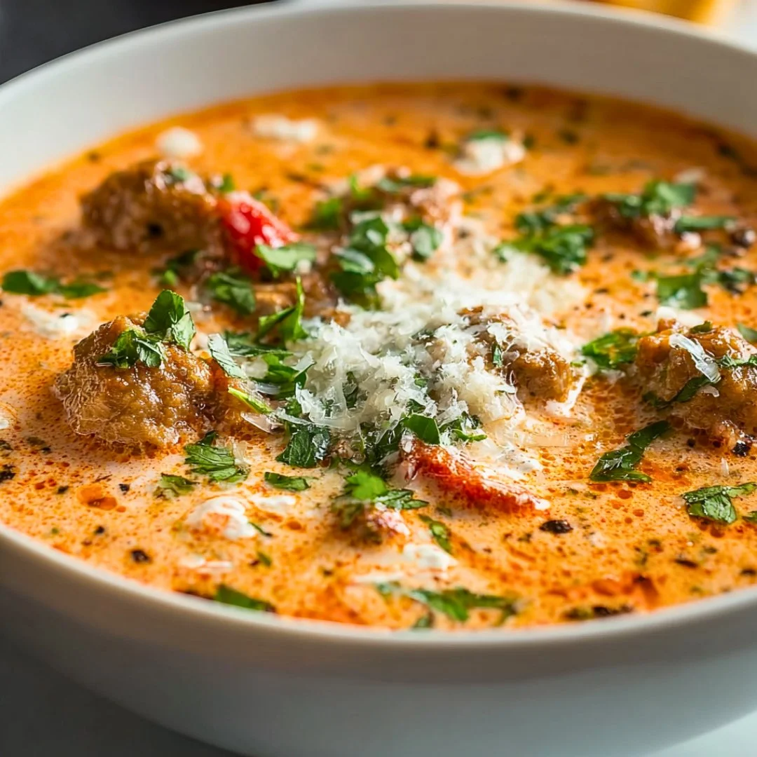 Bowl of hearty Sausage Tomato Cream Cheese Soup with fresh herbs