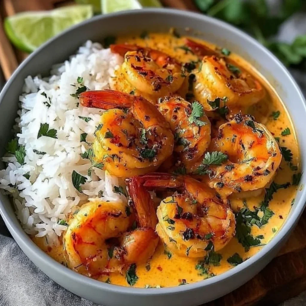 Shrimp and coconut rice bowl with fresh vegetables and herbs