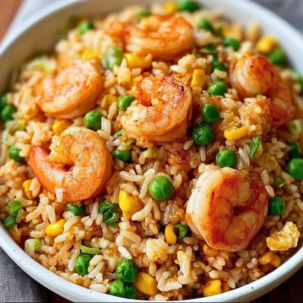 A plate of shrimp fried rice garnished with green onions and vegetables