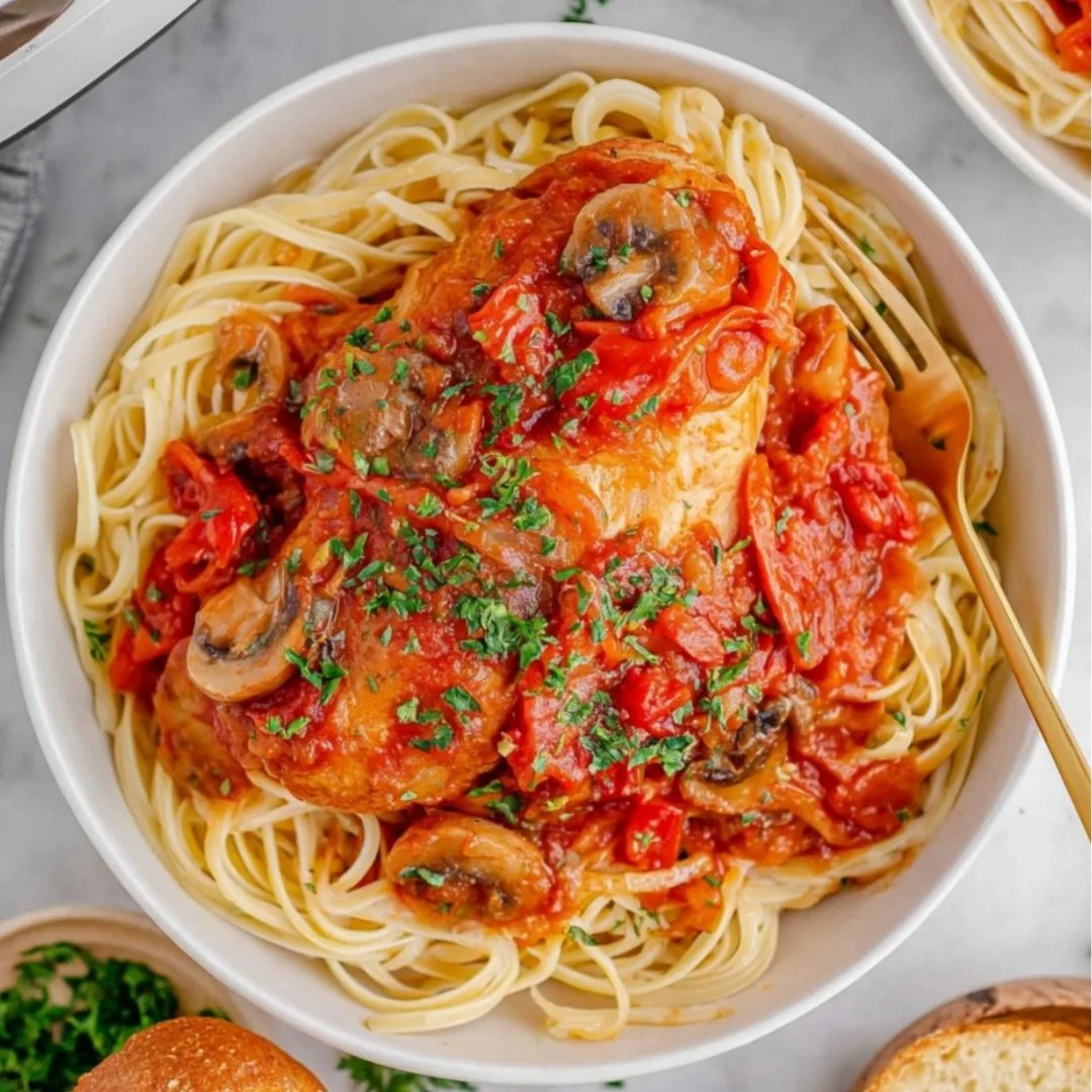 Slow Cooker Chicken Cacciatore dish with tomatoes and herbs