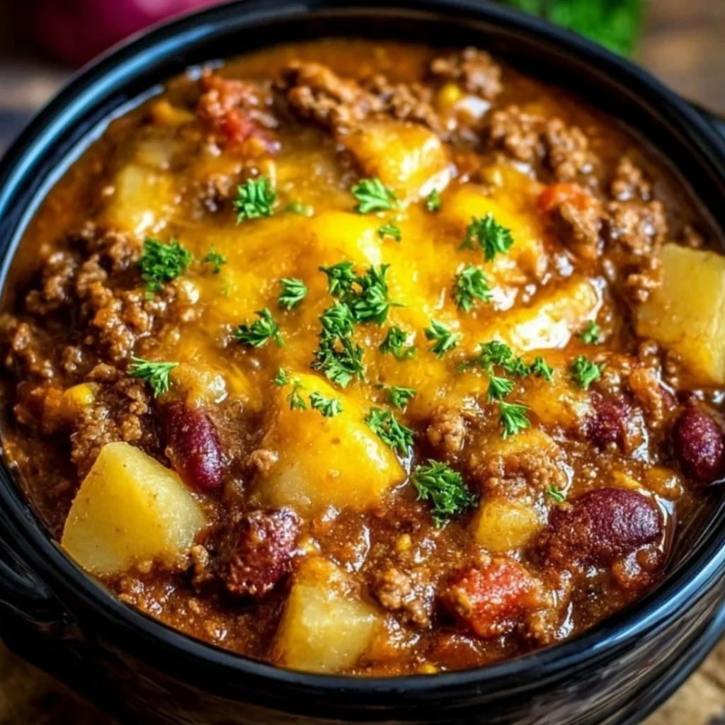 Delicious Slow Cooker Cowboy Casserole in a ceramic dish topped with cheese