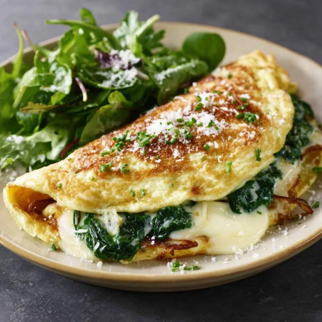 Delicious spinach and cheese omelette served on a plate.
