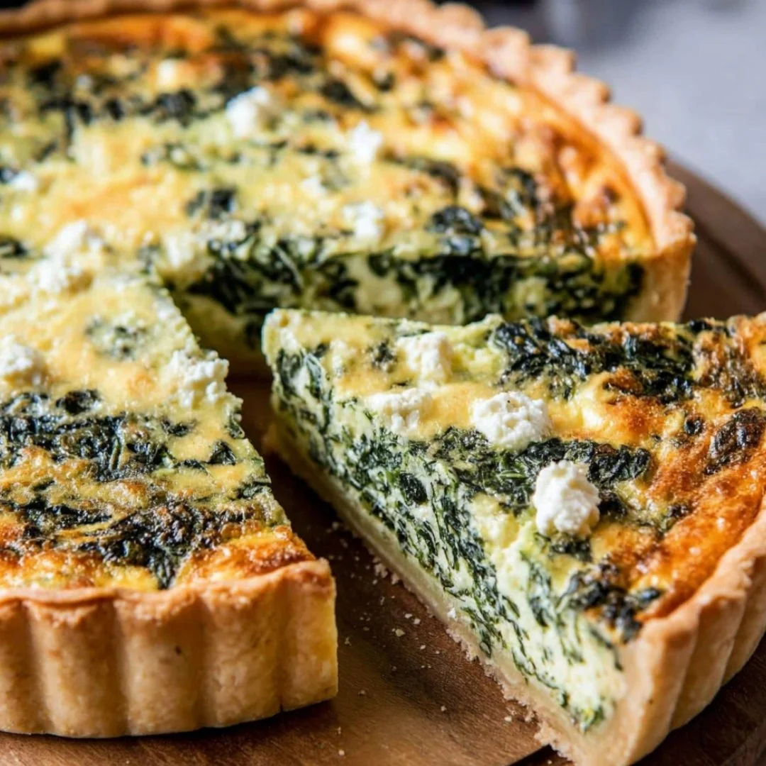 Delicious Spinach Feta Quiche served with a side salad.