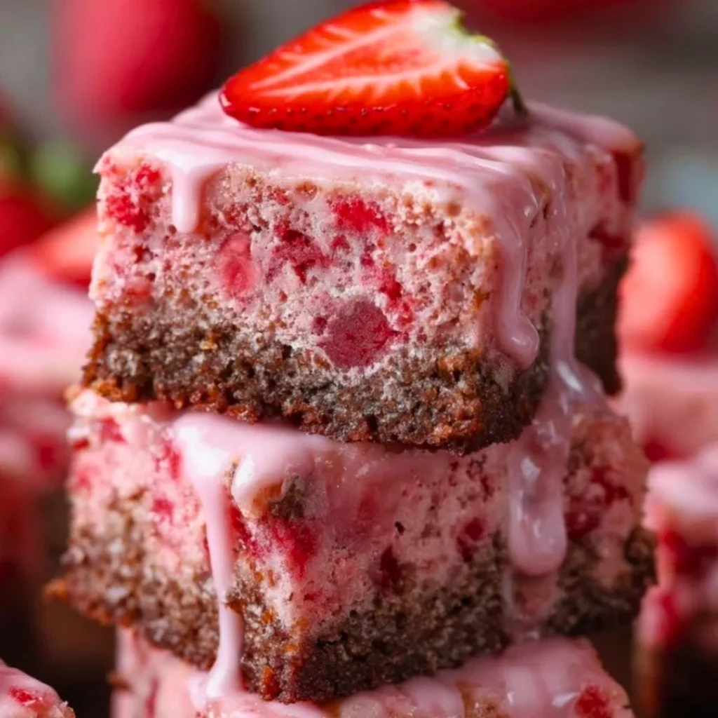 Delicious strawberry brownies drizzled with lemon glaze on a plate.