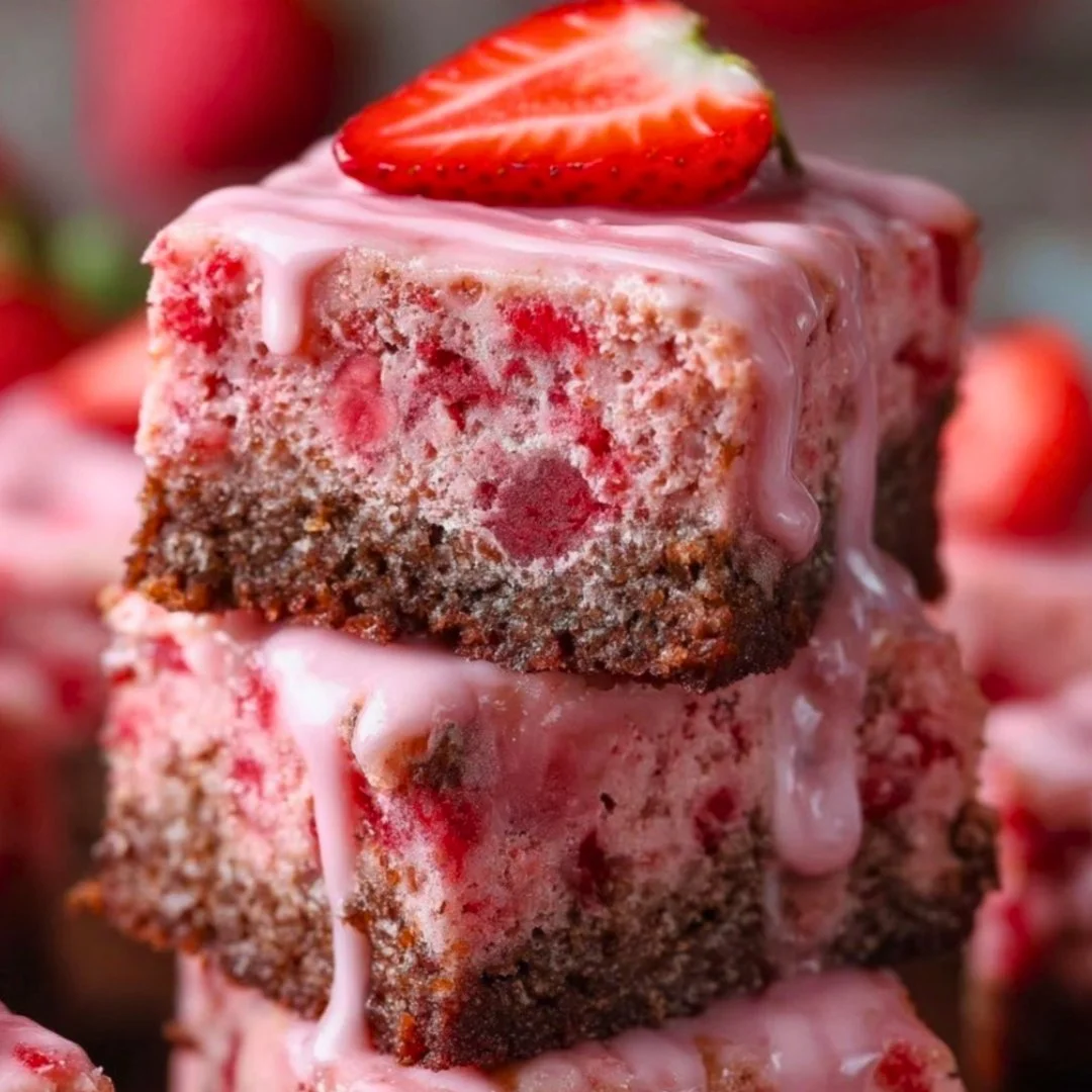 Delicious strawberry brownies drizzled with lemon glaze on a plate.
