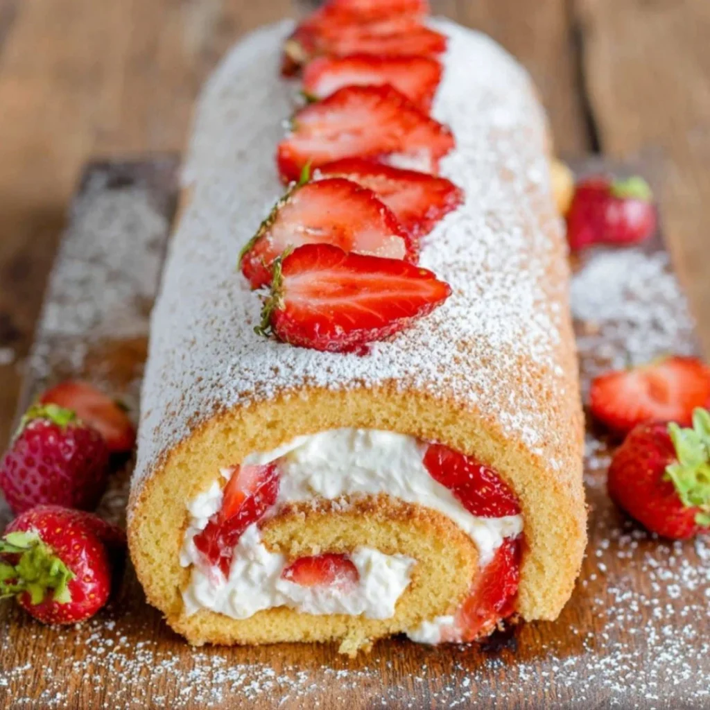 Strawberry Shortcake Roulade with fresh strawberries and whipped cream