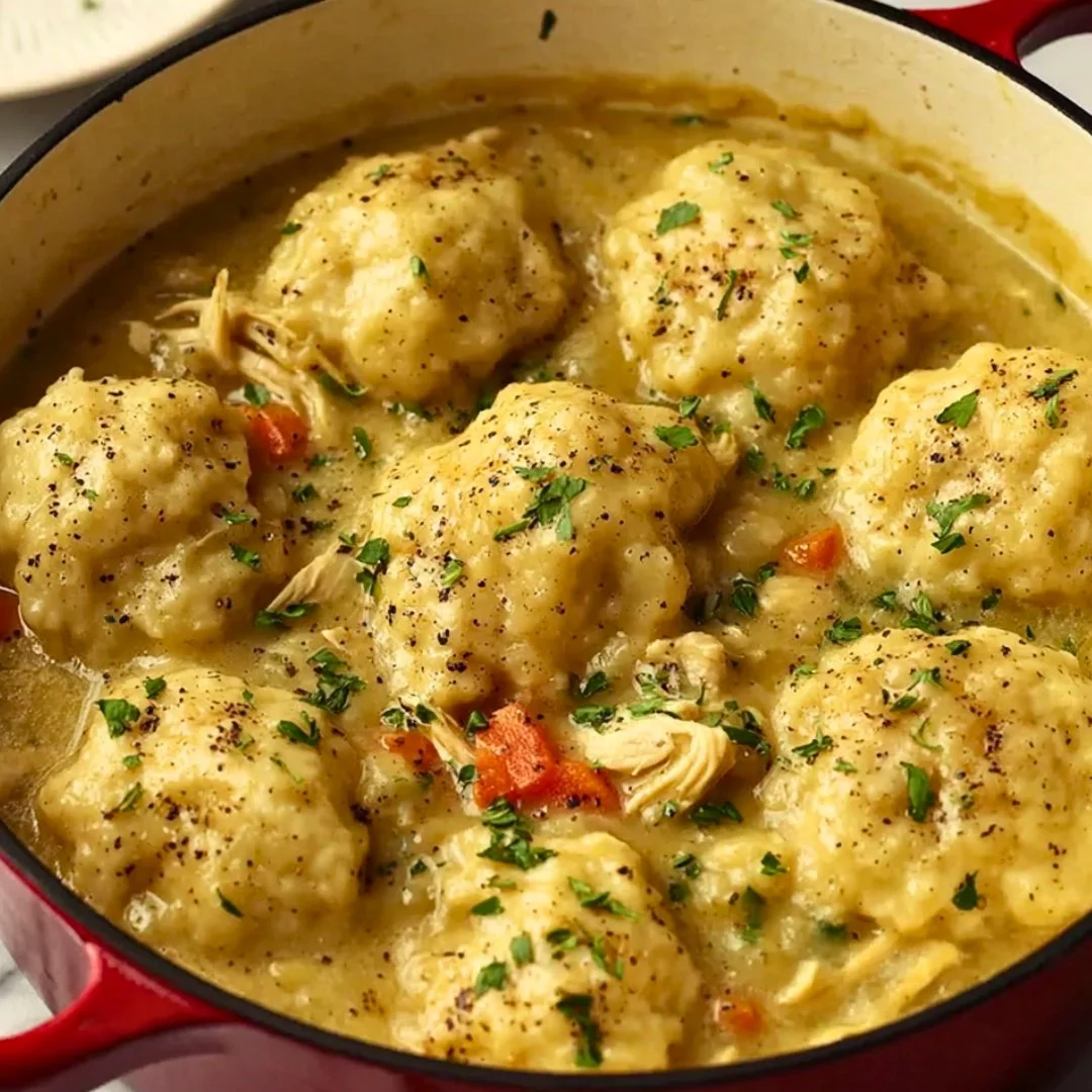 Delicious bowl of homemade chicken and dumplings served warm