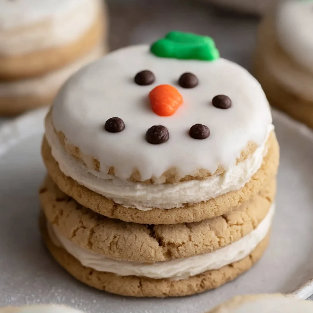 Delicious melted snowman cookies decorated with peanut butter frosting.