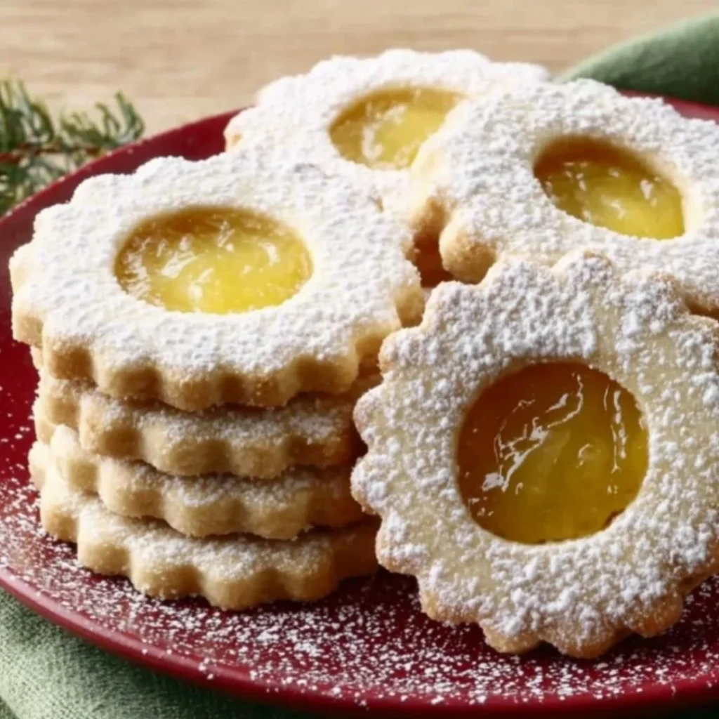 Tropical Pineapple Linzer Cookies with a pineapple filling and powdered sugar topping