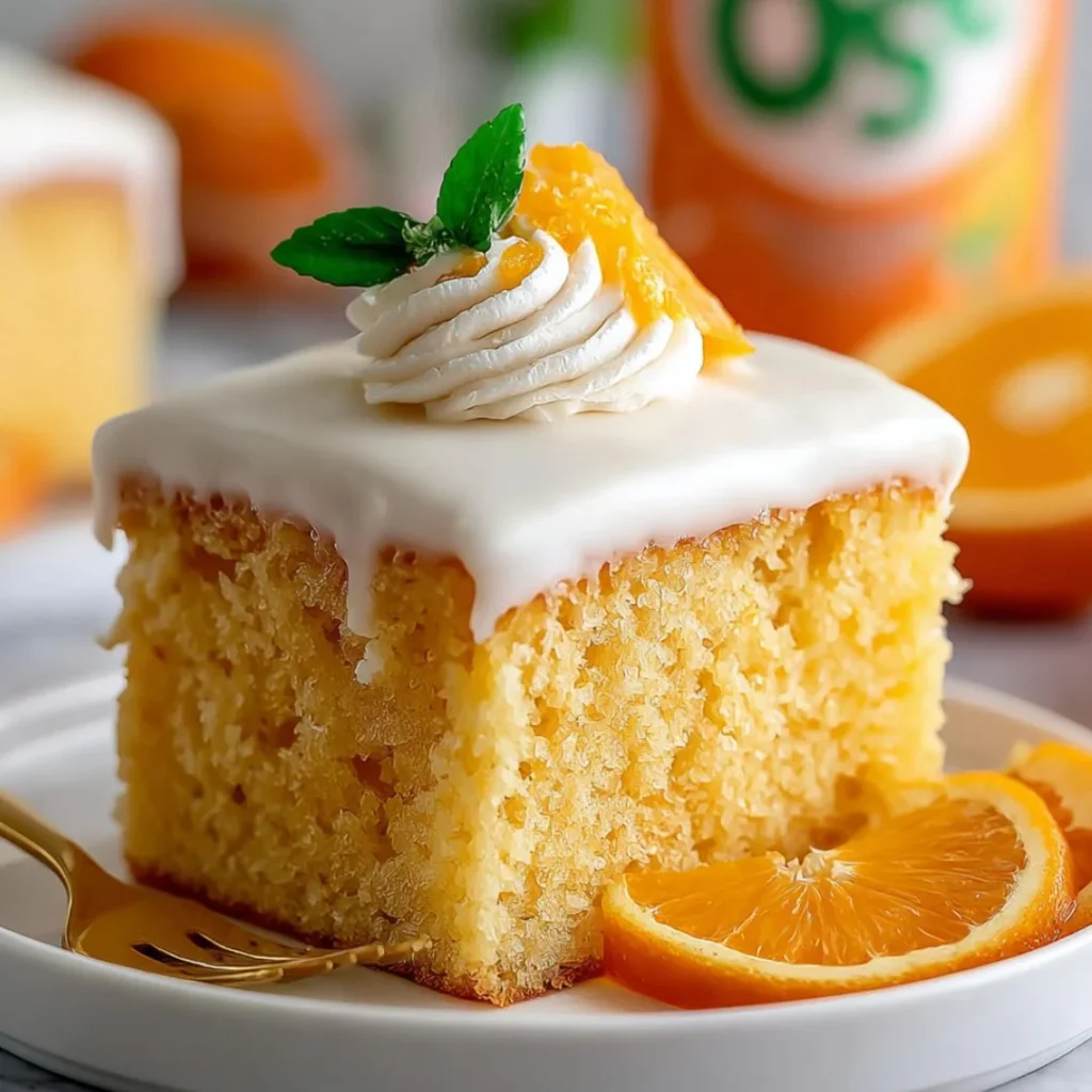 Delicious ultra moist orange soda cake topped with orange glaze and zest.