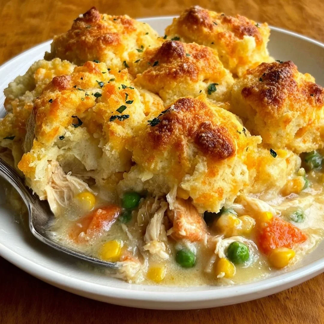 Delicious chicken biscuit cobbler served in a rustic dish