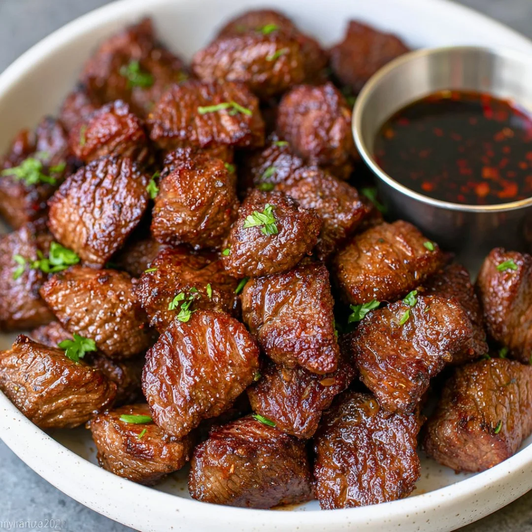 Air Fryer steak bites served on a plate, showcasing its juicy texture and delicious seasoning.