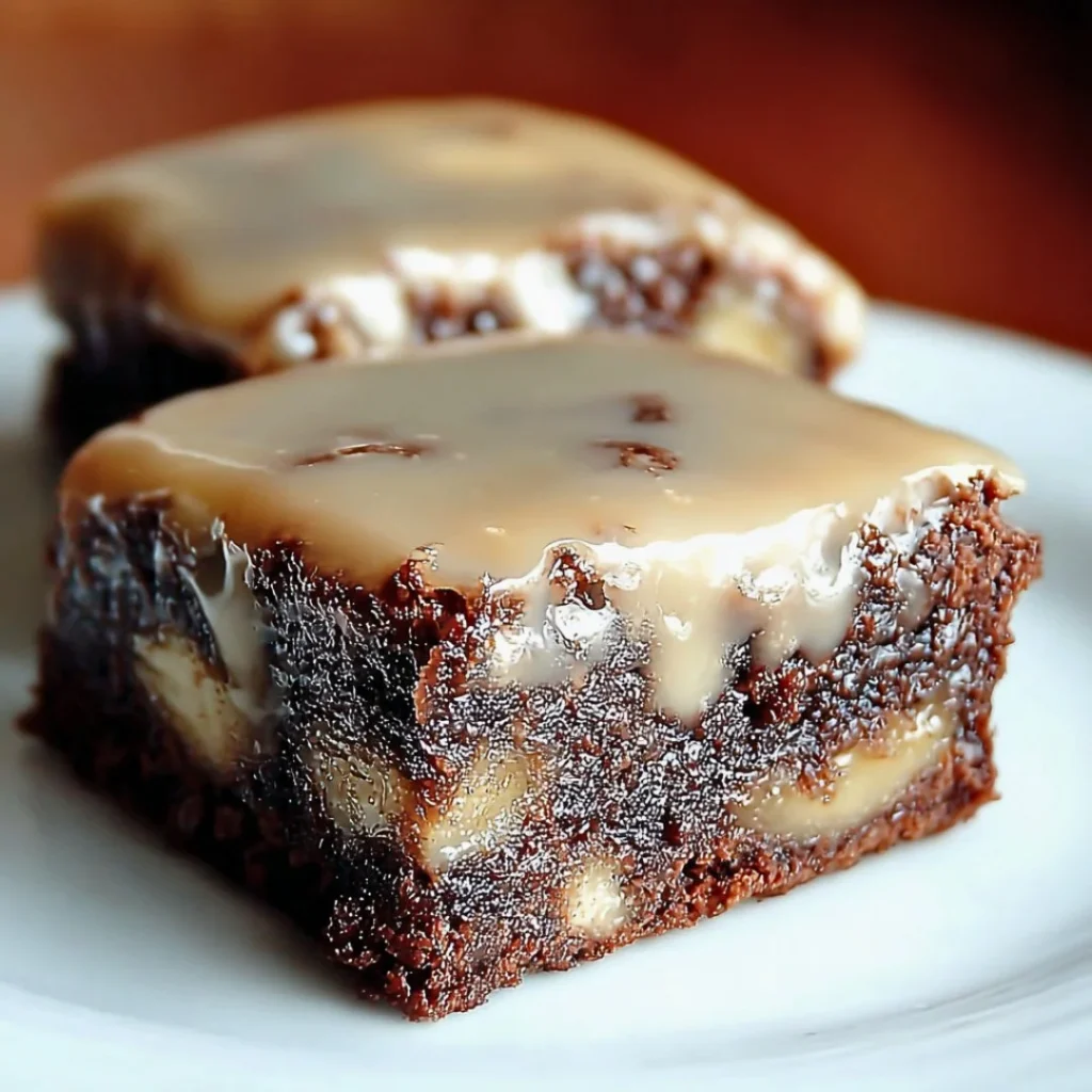 Delicious banana bread brownies topped with nuts on a wooden table.