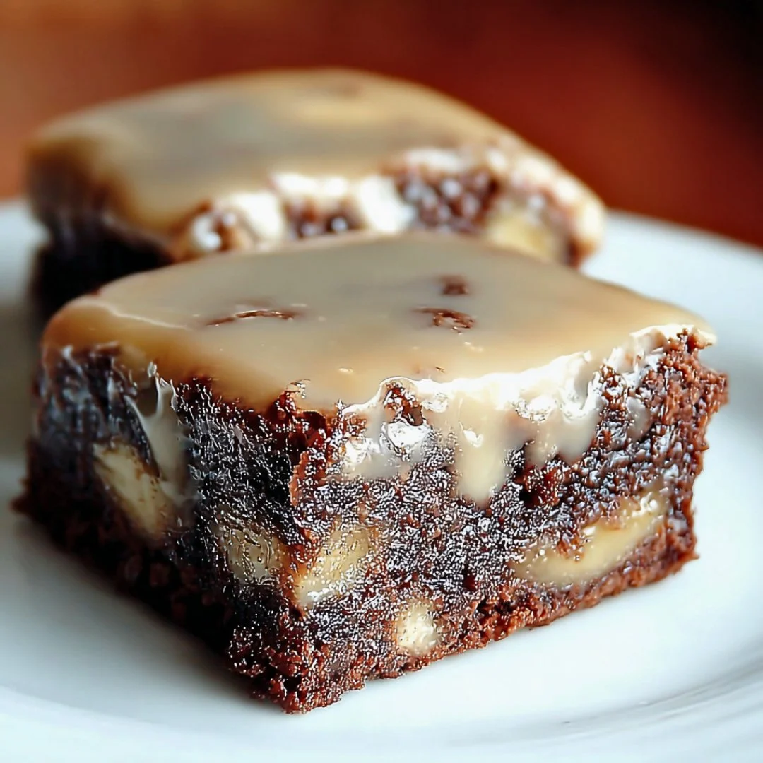 Delicious banana bread brownies topped with nuts on a wooden table.