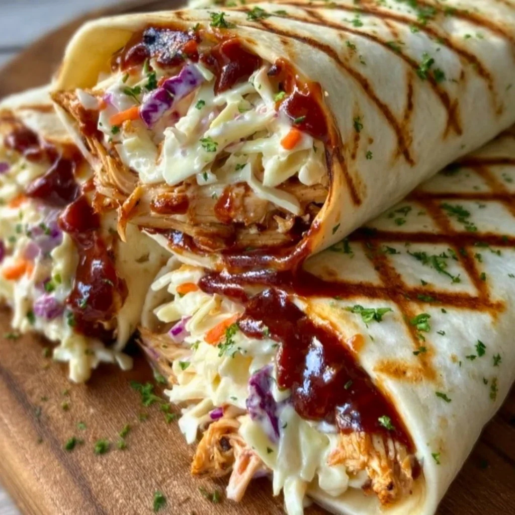BBQ chicken coleslaw wraps served on a plate with fresh greens