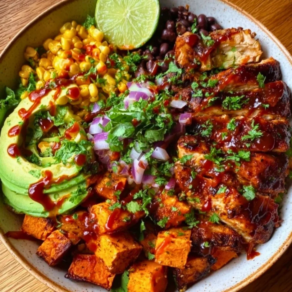 BBQ Chicken Sweet Potato Bowl topped with fresh ingredients