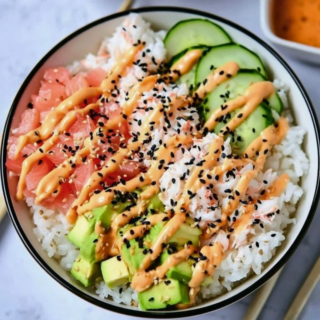 California Roll Sushi Bowl with crab, avocado, and cucumber