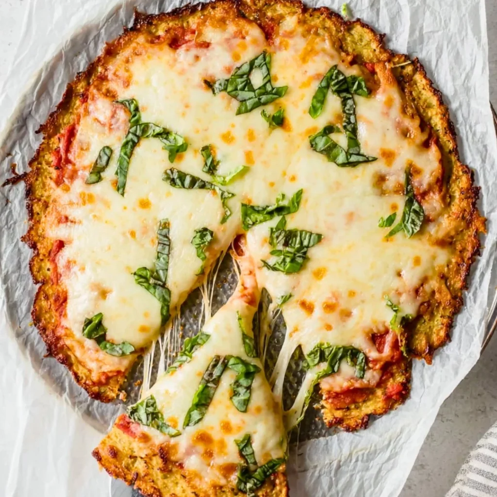 A delicious homemade cauliflower pizza crust ready to be topped with fresh ingredients.
