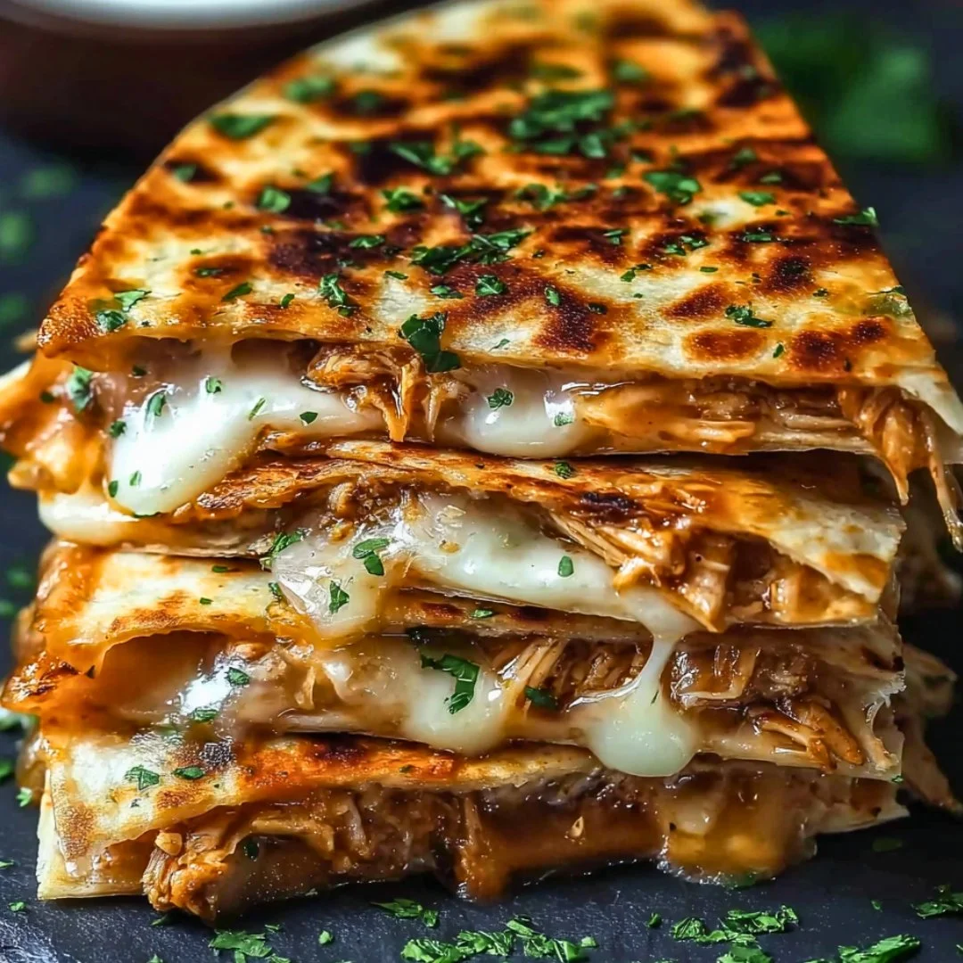 Cheesy hot honey chicken quesadillas served on a platter with dipping sauce