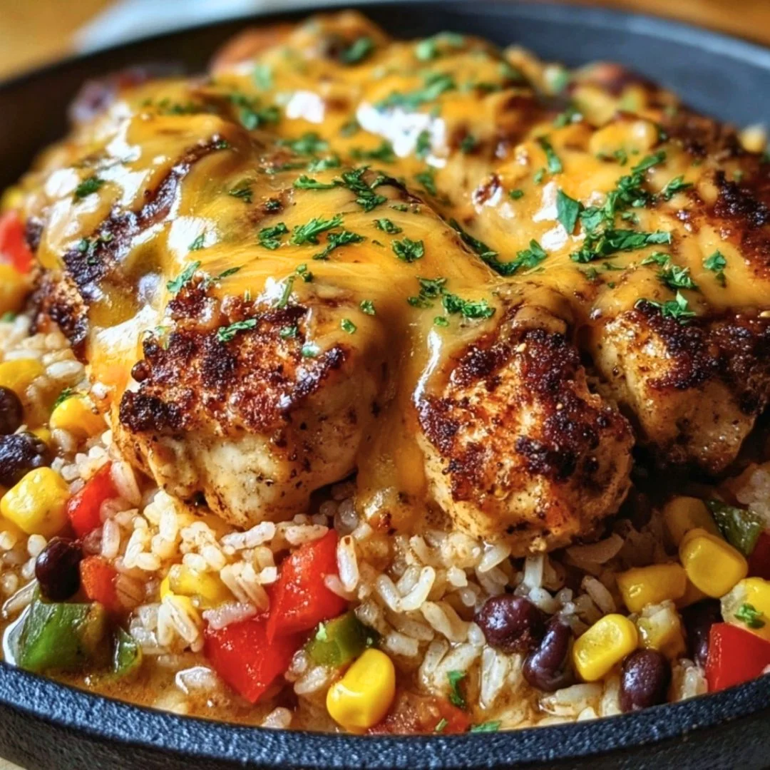 Cheesy Southwest Chicken and Rice dish garnished with fresh herbs