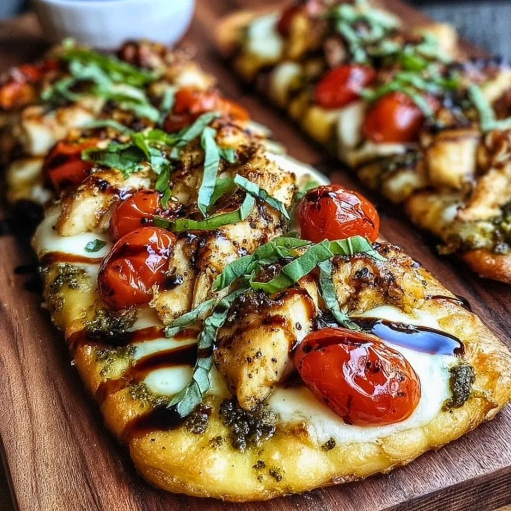 Delicious Chicken Caprese Flatbread topped with fresh tomatoes and basil