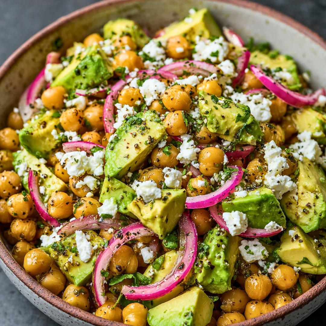Chickpea Feta Avocado Salad with vibrant vegetables in a bowl.