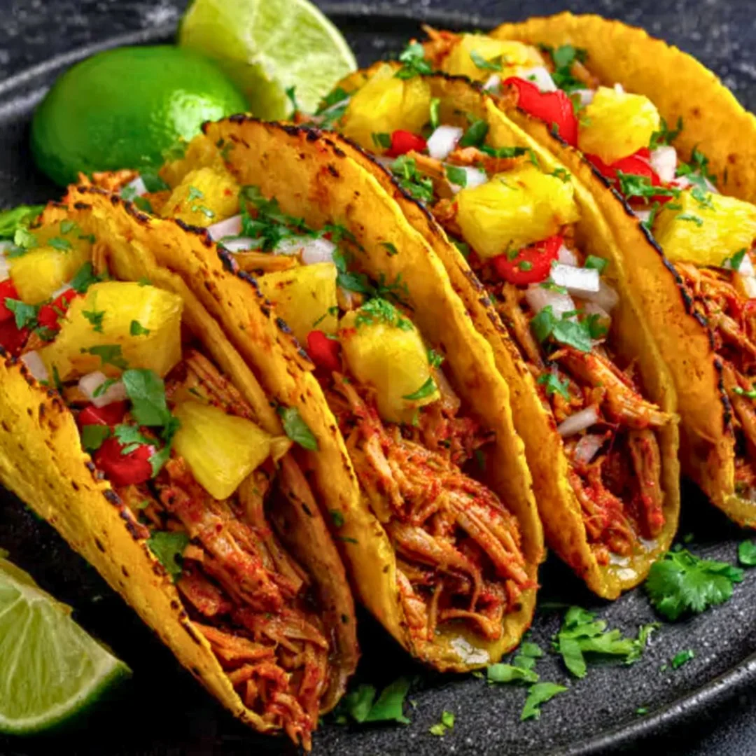 Delicious Chipotle Pineapple Chicken Tacos served with fresh toppings