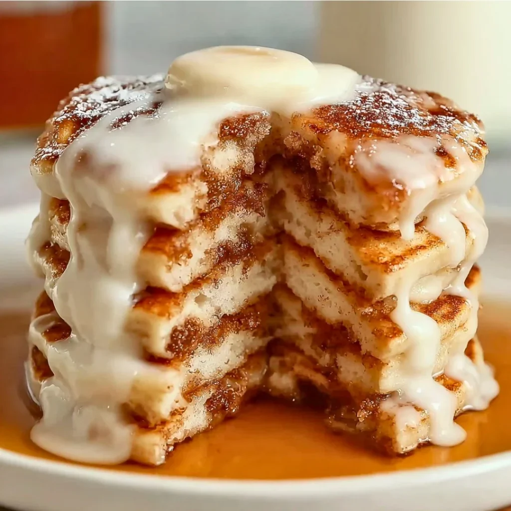 Fluffy cinnamon roll pancakes drizzled with icing, perfect for brunch.
