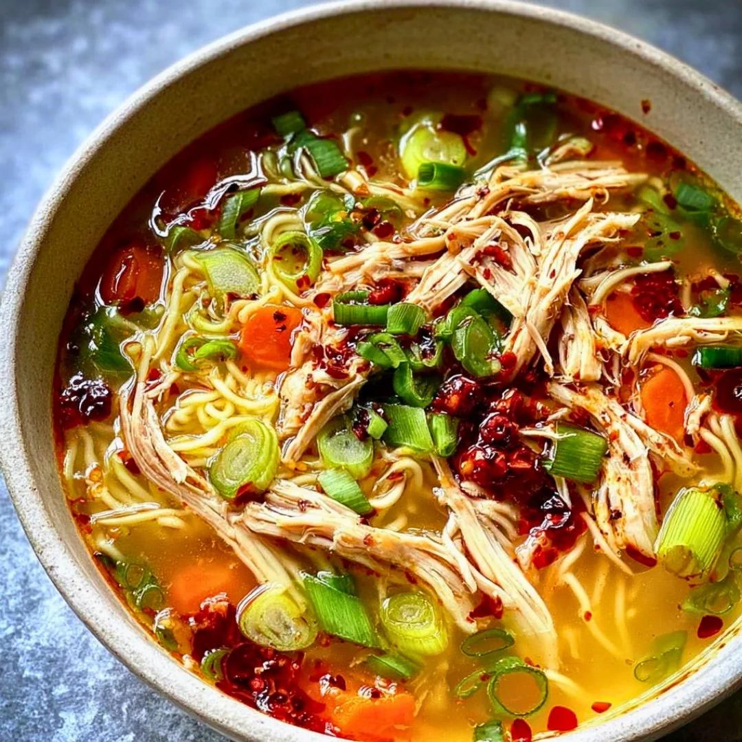 Bowl of Classic Ginger Garlic Chicken Noodle Soup garnished with herbs