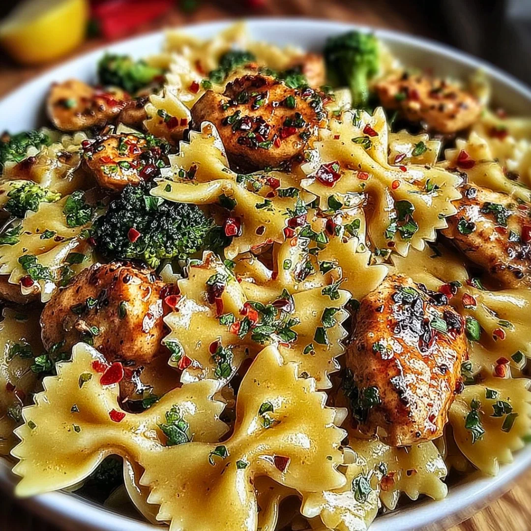 Delicious Cowboy Butter Lemon Bowtie Chicken with fresh broccoli